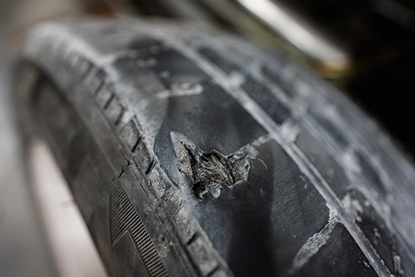Tire showing damage on edge near sidewall