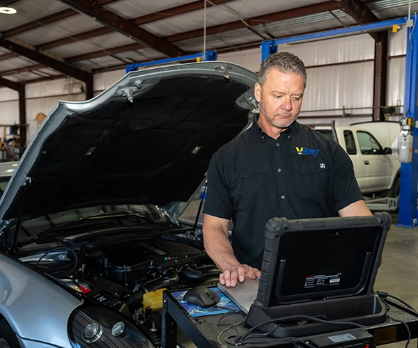 Vineyard Bay owner on laptop in front of vehicle