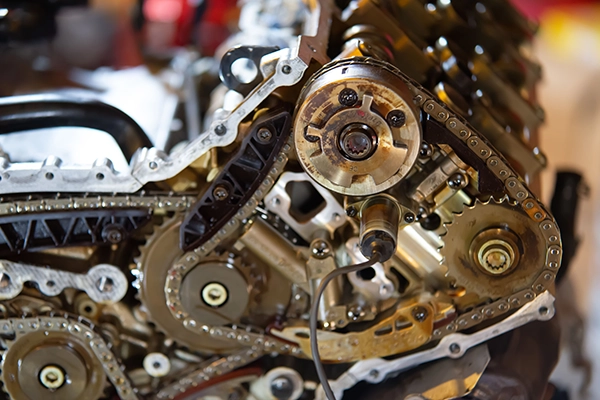 Exposed timing belt of V8 engine